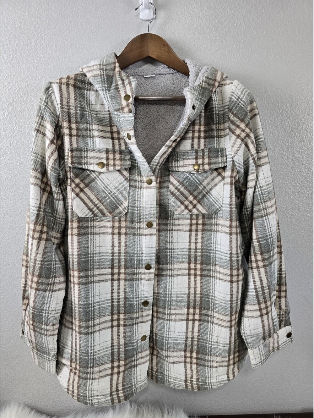 Womens Multicolored Lined Flannel Button Up Jacket With Hood Size L